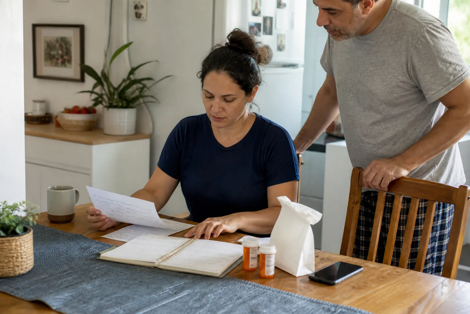 Two family members reviewing a care schedule together at a kitchen table