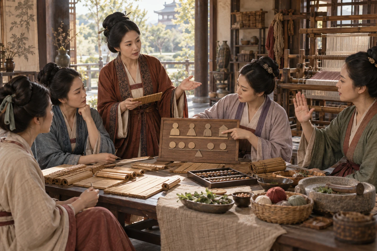 직조·식사·기록 도구와 수행·계획·감독·중단 권한을 뜻하는 빈 역할표를 함께 보는 학습자들