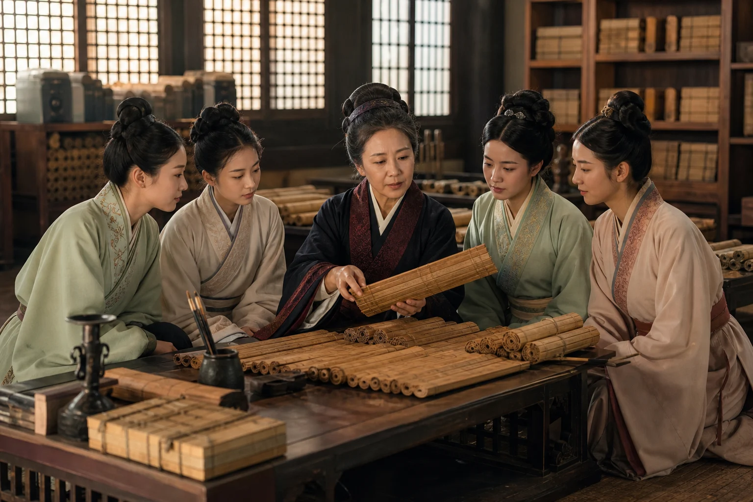 죽간 기록을 비교하며 궁정 여성들에게 읽기와 역사 편찬을 가르치는 반소의 편집 장면