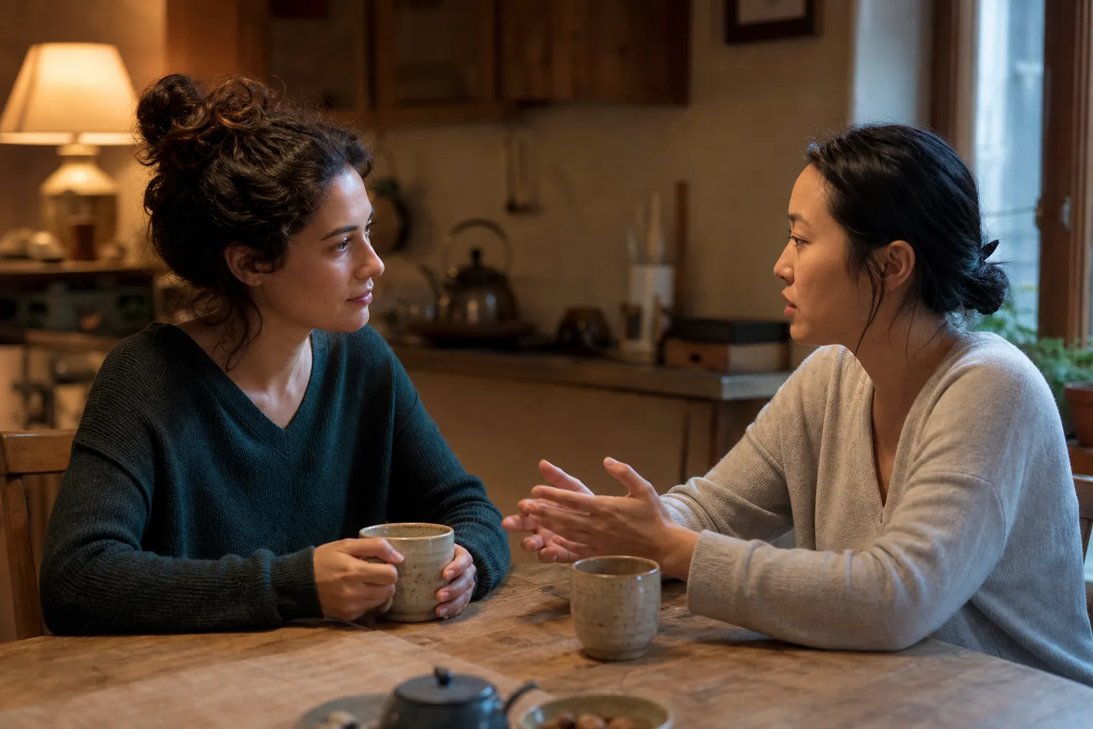 Two friends listening to each other across a kitchen table