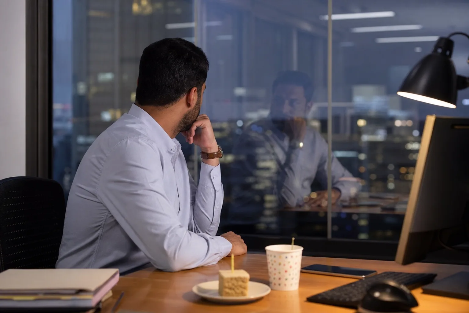 A worker looking into a dark office window after a celebration has ended