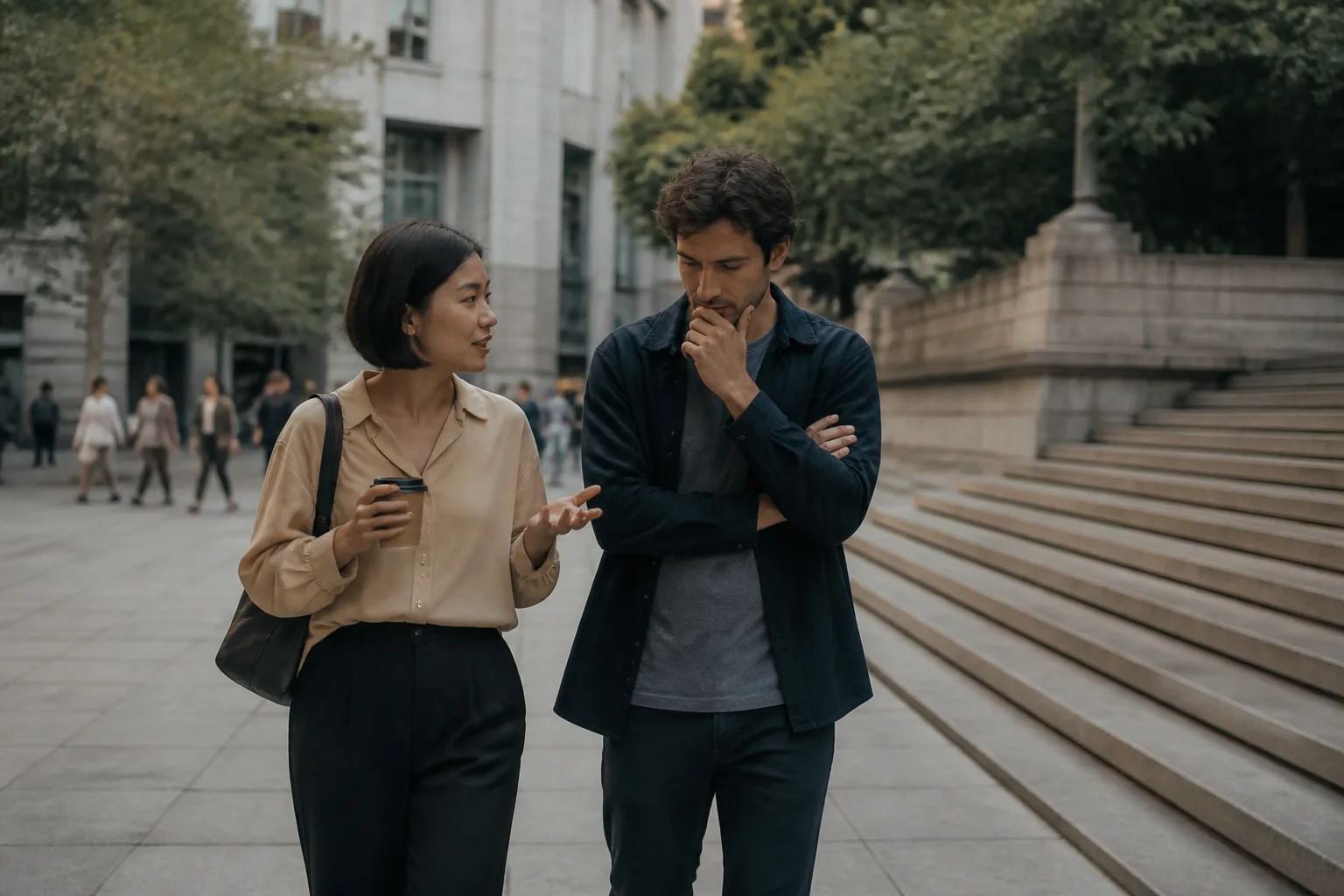 Two people examining a difficult choice while walking