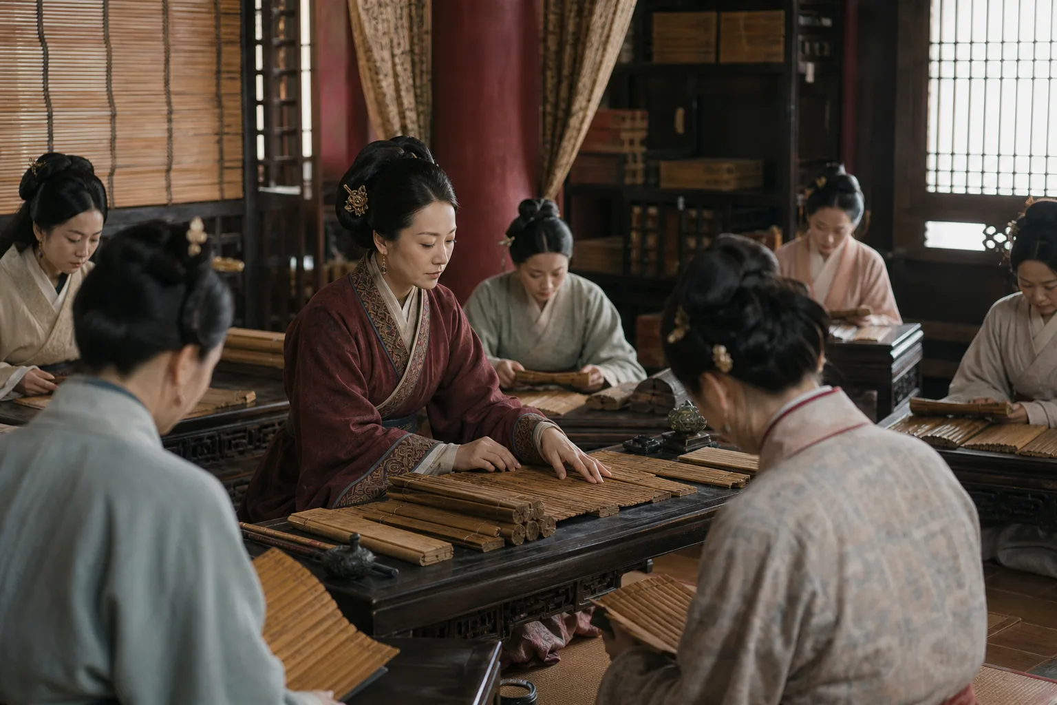 후한 궁정의 여성들과 죽간을 읽고 가르치는 반소를 재구성한 장면
