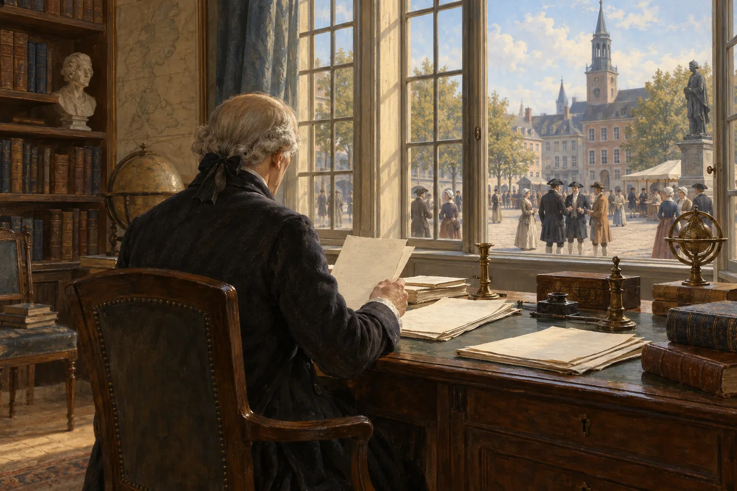 An imagined eighteenth-century study with a scholar and people conversing in the square beyond the window